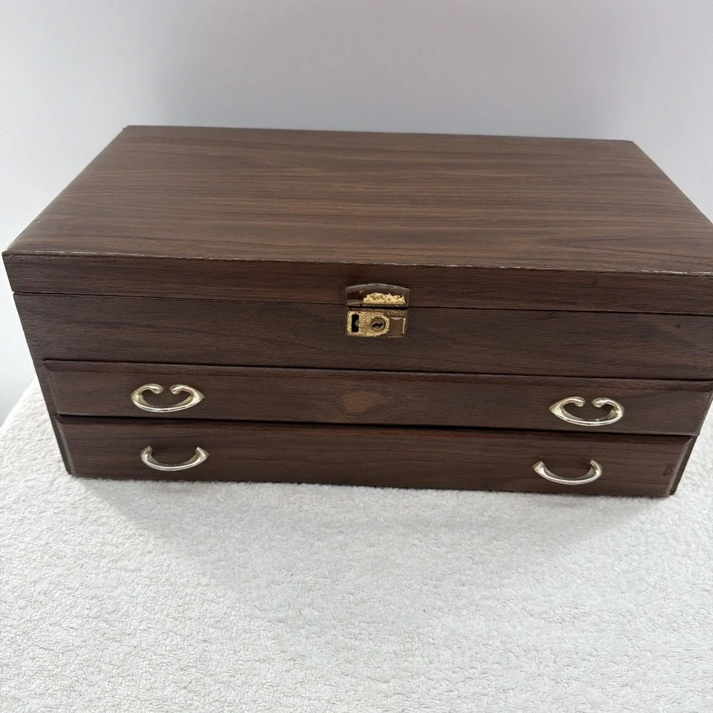 Midcentury Leatherette Large Drawer Jewelry Box, With Mirror 16x9x6.5